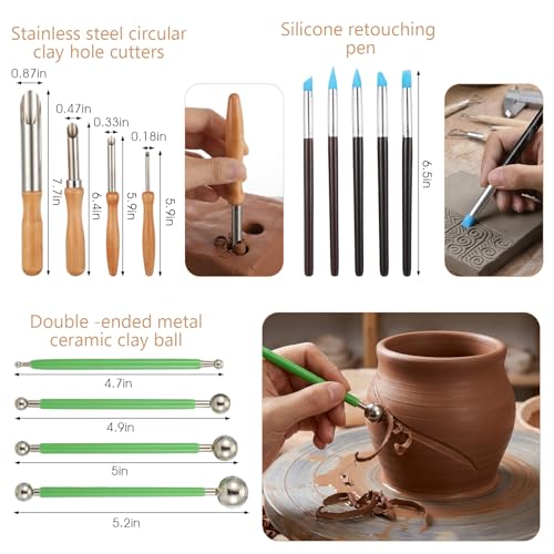 Kenaeooe 42 PCS Pottery Tools Kit Professional Clay Sculpting Tools Set with Leather Roll Bag for Polymer Clay, Ceramic, Modeling, Carving, Trimming, and Shaping for Artists and Beginners