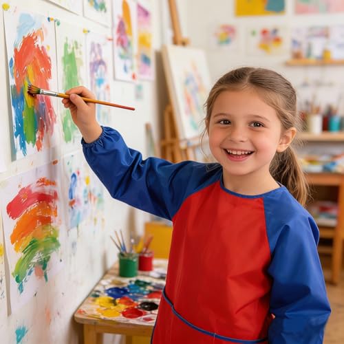 2 Pack Kids Art Smock Waterproof with Long Sleeve and 3 Roomy Pockets Artist Children Aprons for Toddlers Age 3-8 Painting Crafts（Yellow+Red） - color: 2 Pack Yellow+red