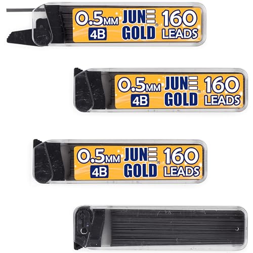 June Gold 0.5 mm, 640 Lead Refills, 4B, 4 Dispensers/w 160 Pieces Each | Fine Thickness, Break Resistant Graphite, Elegant Dispensing Mechanism - color: 4b Graphite, style: 0.5 mm
