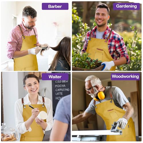 Genixart Chef Apron Men Women, Kitchen Aprons Cooking, BBQ - Yellow | Box Packed, Cotton Canvas, Cafe, Bar, Workshop, Restaurant, Water & Oil Stain Resistant, Cross Back Adjustable, Large Pockets - color: Yellow