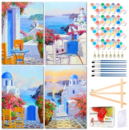 Lanzeyo 4 Pcs Paint by Numbers Kits for Adults Framed Canvas with Wooden Easel DIY Mediterranean Landscape Oil Paintings Kits Paint by Numbers on Canvas Wall Art (8x12 inch) - color: 02 Landscape