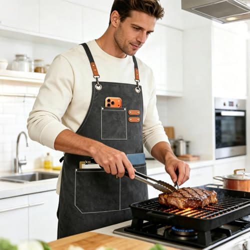 Chef Aprons for Men Women with Oversized Pockets, 16-Ounce Cotton Canvas Cross Back Heavy Duty Work Apron (Grey) - color: Grey