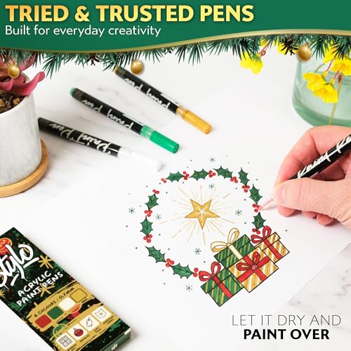 Stylo Christmas Paint Pens, 4 Acrylic Paint Markers Red Green Gold White - color: Red, Green, Gold, White