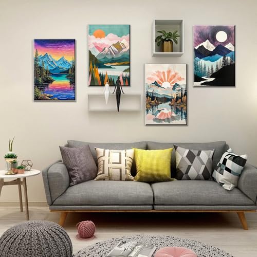 JOOZ 4 Pack Paint by Numbers Kit for Adults with Frame Mountain Landscape Paint by Number with Easel DIY Lake Adult Paint by Number Kits Sunset Easy Oil Painting Kits for Home Wall Decor 8x12 Inch - color: Mounain 014