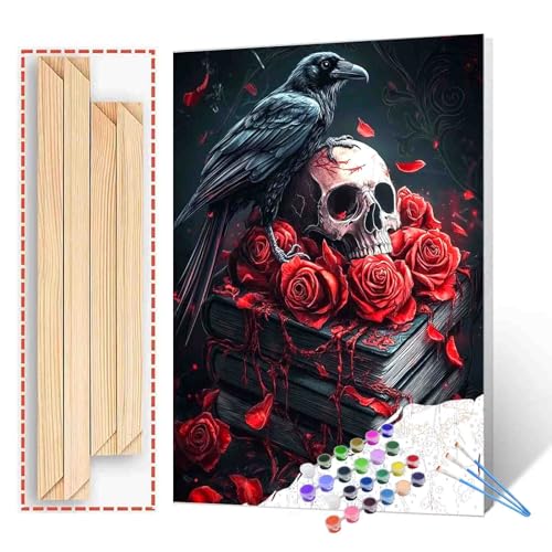 Dark Art Raven Skull Roses Red Petals Gothic Paint By Number Kit Beginner, Eerie Mysterious Books Horror Number Painting Fantasy For Home Wall Decor Gift For Friends Family 16X20 Inch (DIY Framed) - color: Dark Raven-01, size: 16''x20''(DIY Frame)