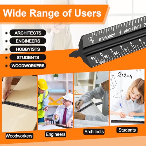 Architectural Scale Ruler, Imperial Measurements 12'' | Black, Laser-Etched Aluminum Architect Triangular Ruler for Architects, Students, Draftsman, and Engineers - style: Black-A