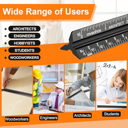 Architectural Scale Ruler, Imperial Measurements 12'' | Black, Laser-Etched Aluminum Architect Triangular Ruler for Architects, Students, Draftsman, and Engineers - style: Black-A