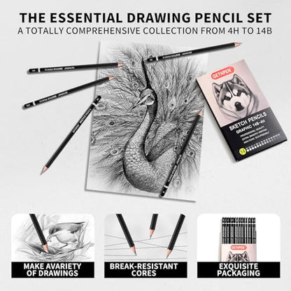 GETHPEN Drawing Sketching Pencil Set, 14 Pieces Graphite Pencils(14B - 4H) | 14Pcs Graphite Drawing Pencil Set, 14B to 4H Hardness, Sketch Shading Supplies for Beginners and Professional Artists