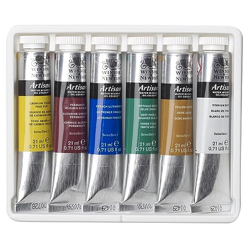 Winsor & Newton Artisan Water Mixable Oil Paint, Starter Set, 6 x 21ml | Clean with water; no solvents needed. Color depth, lightfastness, opacity/transparency are the same as traditional oils. - style: Starter Set 6 x 0.71-oz