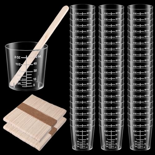200 Packs 60ml/2oz Plastic Mixing Cups Disposable Graduated Cup Measuring Cups with 200 Pcs Wooden Stirring Sticks, Clear Epoxy Mixing Cup for Resin, Laboratory, Stain, Epoxy