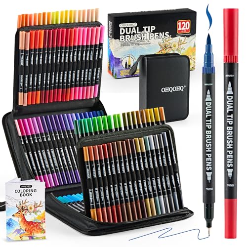 120 Colors Dual Tip Watercolor Brush Pens Fine & Brush Tip | Ultimate 120 color set, water based blendable ink for artists adult coloring calligraphy sketching journaling brush lettering - color: 120 colors pens
