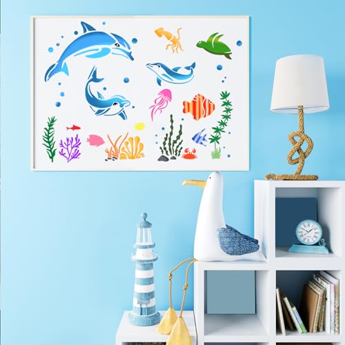 SUNFEEL 25Pack Ocean Stencils for Painting – Painting Templates 6 x 6 in and 6 x 6 in Reusable Painted Painting Stencils， Stencils for Painting On Wood and Canvas, DIY Crafts Andfurniture - style: Ocean