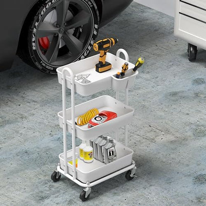 Simple Houseware 3-Tier Rolling Utility Cart with Hanging Bucket, White - color: White, size: 3-Tier
