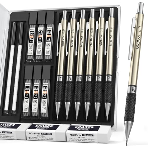 Nicpro 0.9 mm Art Mechanical Pencils Set in Case, 6 PCS | Metal Drafting Pencil Lead Pencil + 6 Tube HB Lead Refill, Eraser, Comfort Grip For School Writing, Artist Drawing Sketching - style: 6 Pack (0.9mm)