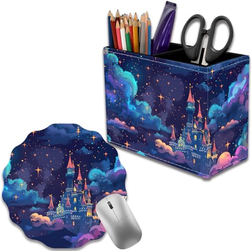 Pen Holder for Desk, PU Leather Multifunctional Desktop Storage Box and Anti-Slip Mouse Pad Set, Makeup Brush Holder Pen Organizer for Office and Home - Astral Cloud Castle - color: Astral Cloud Castle
