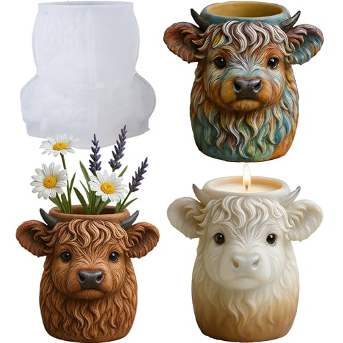 Highland Cow Epoxy Resin Molds, 3D Animal Silicone Concrete Molds | Cow Farm Animal Candle Holder Mold for Resin Casting, Cement, DIY Crafts, Pen Holder, Planter, Plaster, Succulent, Home Decor - color: Highland Cow Resin Mold