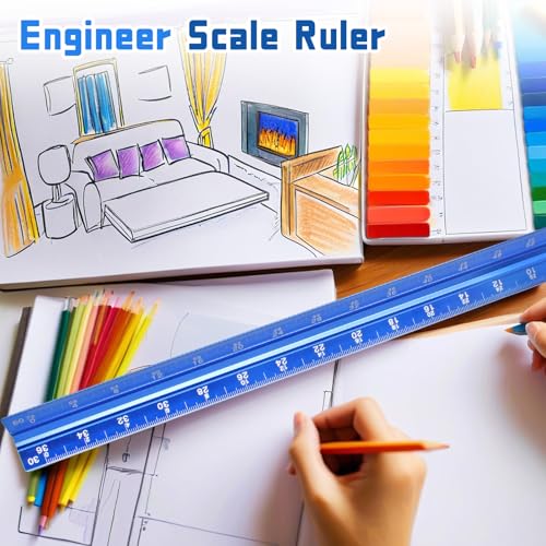 Biaungdo 3 Pack Architect Engineer Scale Ruler 12 Inch Blue for Drafting | Laser-Etched Precision Markings, Dual Imperial Metric Scales, Includes Metal Ruler, For Architects Engineers Students