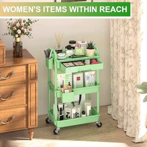 Goovilla 3 Tier Rolling Utility Cart Organizer with Removable Drawer, Green | Stable and Sturdy Rolling Storage Carts with 2 Lockable Wheels for Bathroom, Kitchen, Snack, Craft, Makeup, Baby Essentials - size: 3 Tier, style: Green