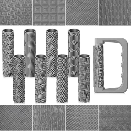 Leriton 9 Pcs Clay Texture Roller Set with Handle, 8-Pattern 3D-Printed Miniature Texture Rollers for Clay, Miniatures, Tabletop, Pottery (Geometric) - style: Geometric