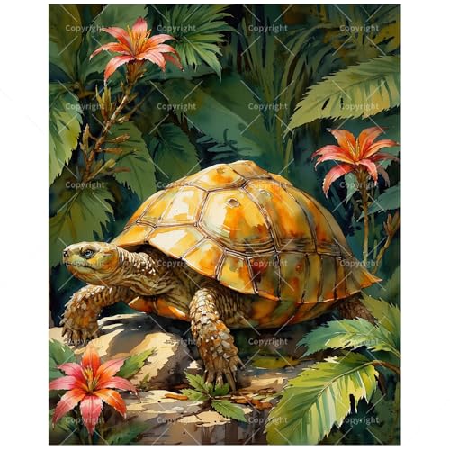 Wildlife Paint by Numbers Kit for Adults - DIY Jungle Tortoise with Tropical Leaves and Flowers Painting on Canvas 12x16In, Framed Acrylic Paint Set, Suitable for Beginners, Art for Decor or gifts - color: FM05113, size: 12×16in Framed