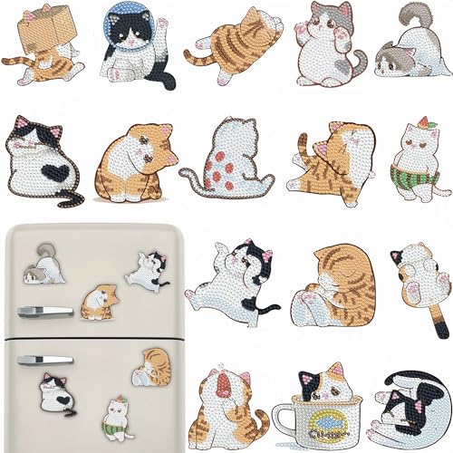 16 Pcs Cat Diamond Painting Magnets Kits Diamond Art Fridge Magnet Refrigerator Sticker Diamond Painting kit for Beginners Adults DIY Art Craft Gifts Home Decors - color: Cat