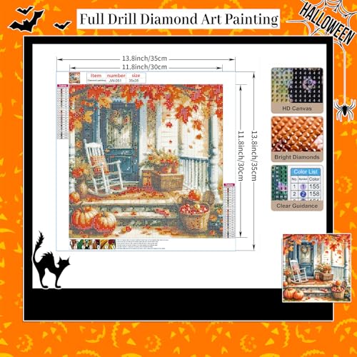 GEWOUVIN Fall Couryard Diamond Art Kits for Adults,Autumn Chair Diamond Painting Kits for Adults Beginners, DIY Full 5D Round Drill Gem Art Kits for Gift Home Wall Decor【13.8x13.8inch】 - color: Maple & Pumpkin