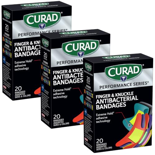 CURAD Performance Series Antibacterial Bandages, Extreme Hold Adhesive Technology, Finger & Knuckle Bandages, Flexible Fabric, Variety Pack with Assorted Sizes & Colors, 20 Count (Pack of 24) - size: 20 Count (Pack of 24)