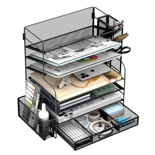 7 Tier Desk File Organizer Office storage Desk Accessories, Desktop Organizer for Office Supplies with Drawer and 2 Pen Holders (Black)