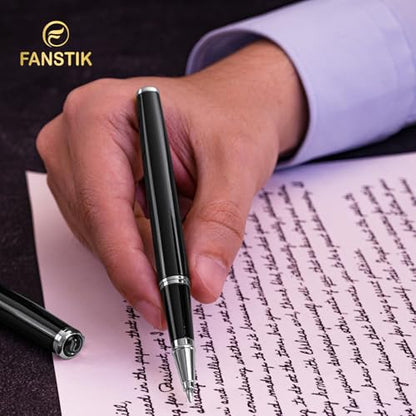 FANSTIK Black & Silver Luxury Rollerball pen, fancy gift set for women, Chrome Finish, Professional executive pen gift set for men (Lux Rollerball Black-Silver) - color: C RollerBall Black-Silver