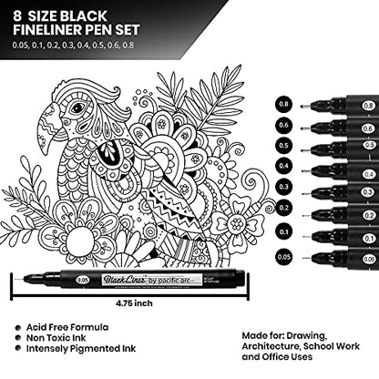 Pacific Arc Blackliner Black Fineliner Pens - Set of 8 Differently Sized Fine Drawing Pens for Artists, Sketching, Journaling, Hand Lettering, and Calligraphy - size: 8 Pack | All Sizes