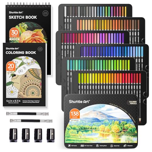 Shuttle Art 138 Colored Pencils for Adults, Soft Core Coloring Pencils Set with 1 Coloring Book,1 Sketch Pad, 4 Sharpener, 2 Pencil Extender, Perfect for Artists Kids Adults, Drawing - color: 138 Colors