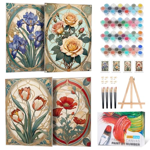 4 Pack Framed Paint by Numbers Kit for Adults Flowers with Wooden Easel | With Frame, Stained Glass DIY Acrylic Painting, For Adults Beginner, Stress Relief Craft Kits, Home Wall Decor Gift, 8x12 IN - color: YOP4P09