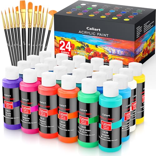 Caliart 24 Colors Acrylic Paint Set Large Bottles 4oz with 12 Brushes | Craft Painting kit for Adults Artists Beginners, Rich Pigment Non-toxic, Canvas Wood Rock Pumpkin Ceramic Art Supplies Paint - color: Regular, size: 4 Fl Oz (Pack of 24)
