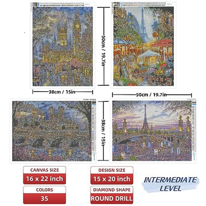 LANDFAIR Diamond Painting Kits - 15x20 inch Round Full Drill Cities&Skylines Series Diamond Art Kits for Adults, Pack of 4 - color: Cities Pack of 4
