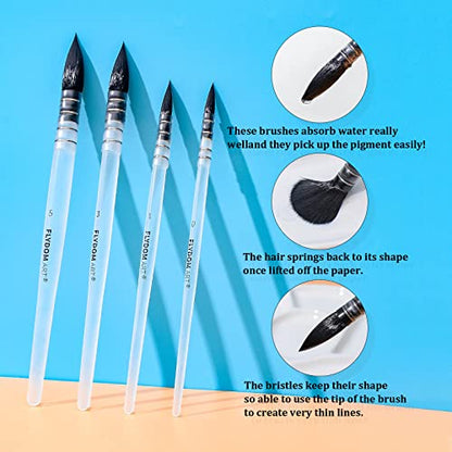Watercolor Paint Mop Brushes Set, Mop Paint Brushes,Soft Synthetic Squirrel Hair, Pointed Round Mop Brush for Watercolor, Acrylic, Gouache, Aquarelle & Oil Painting, 4 Pcs Set