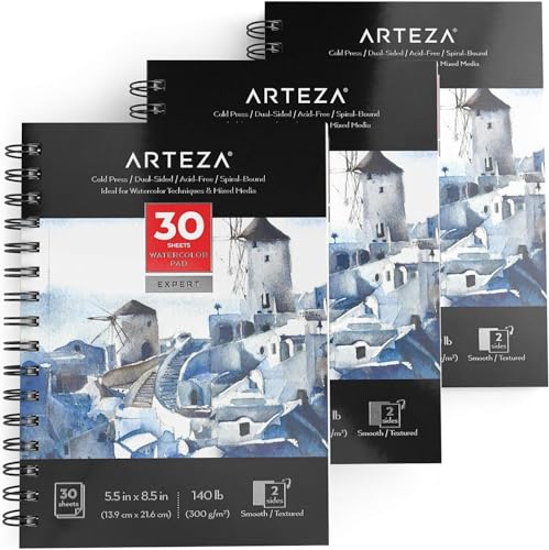 ARTEZA Watercolor Paper, Pack of 3, 30 Sheets Each, 5.5x8.5 Inches Water Pad, Spiral Bound, 140lb/300gsm Cold Press, Acid Free Art Paper - color: White Expert