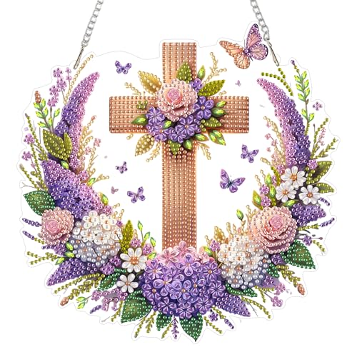 Eiflow Acrylic Diamond Art Hanging Kit for Adults, DIY Diamonds Painting Door Hanging Board Kit, Special Crystal Diamond Art Painting Pendant Ornament (Cross) - color: Cross