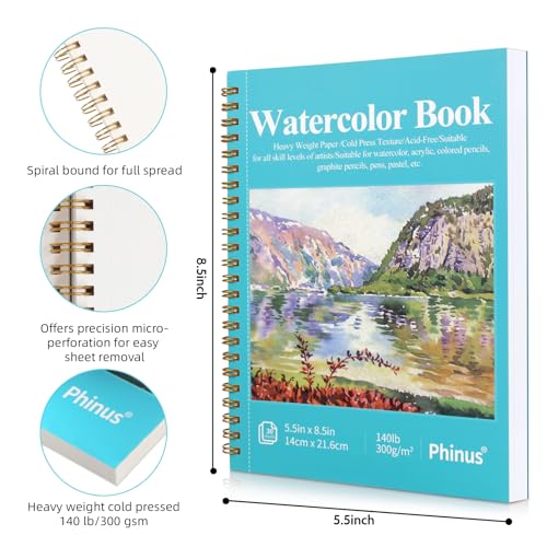 Phinus 30 Sheets Watercolor Sketchbook 5.5 x 8.5 Inch, Watercolor Paper Cold Press (140lb/300gsm), Spiral Bound Water Color Pad for Adults Kids, Mixed Media, Markers and Art Journaling - size: 5.5 x 8.5 inch