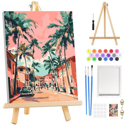 RICUVED Paint by Numbers Kit for Adults Beginners Framed with Wooden Easel, Town Scenery Adults' Paint-by-Number Kits on Canvas, DIY Easy Acrylic Oil Painting by Numbers for Home Decor, 8x12in - color: OMS055
