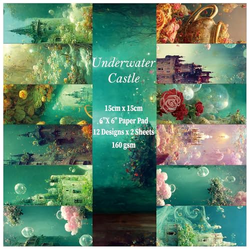 Scrapbook Paper, 24 Sheets 6"×6" 160gsm Single-Sided Patterned Cardstock | Vintage Decopodge Scrapbook Supplies, Junk Journal Decorative Crafts DIY Album Card Making Art Journaling.Underwater Castle - color: 24 sheets-underwater castle