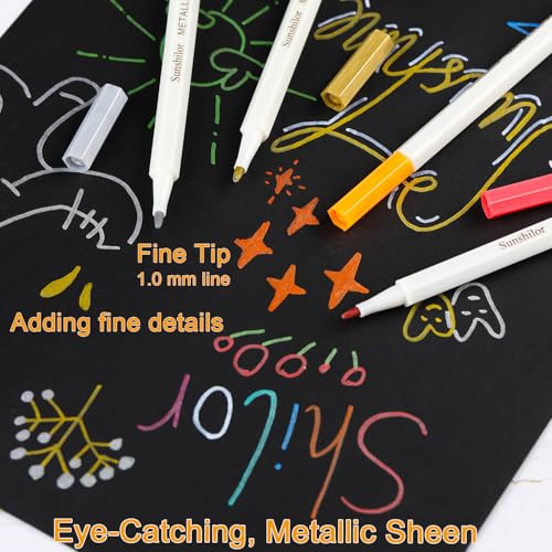Sunshilor Metallic Markers Fine Point Metallic Marker Pens for Black Paper, Rock Painting, Easter Egg, Halloween Pumpkin, Card Making, Metal, Ceramic, Wine Glass, Set of 20