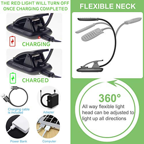 BIGMONAT Led Book Reading Light, Rechargeable Amber Book Night Light, Portable Bendable Neck, USB, Brightness Adjustable, Reduces Eye Strain, Black - color: 1Pack - Black
