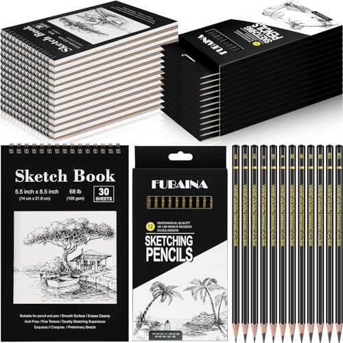 Humyoun 24 Pcs Top Spiral Bound Sketch Pad with Drawing Pencils Set, 5.5 x 8.5 Inch Sketchbook, 68lb(100gsm) Thick Paper, Charcoal & Graphite Pencils (12B-4H) for Shading, Artists & Beginners