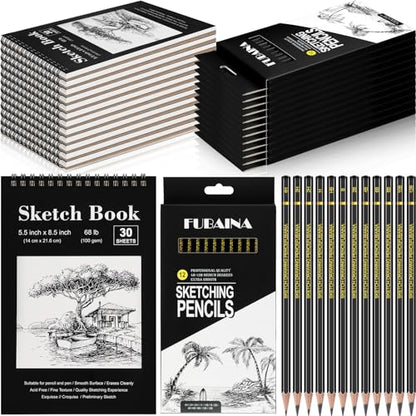 Humyoun 24 Pcs Top Spiral Bound Sketch Pad with Drawing Pencils Set, 5.5 x 8.5 Inch Sketchbook, 68lb(100gsm) Thick Paper, Charcoal & Graphite Pencils (12B-4H) for Shading, Artists & Beginners
