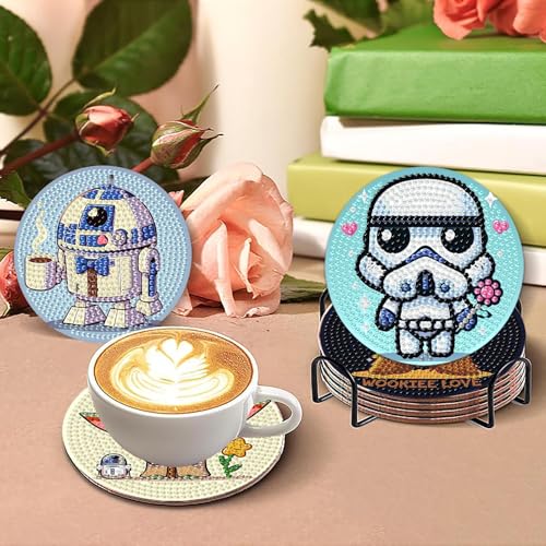nekpiahu 8 PCS Cartoon Diamond Art Coasters Kits, Diamond Painting Coasters with Holder, DIY Cartoon Life Coaster Diamond Art Kits for Adults, Beginners Round Full Drill Diamond Art Craft Supplies - color: BDWY481