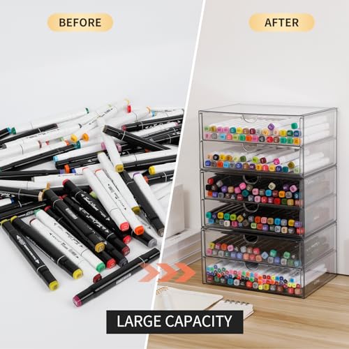 Clear Desk Drawer Organizer, 6 Drawers, Plastic | Stackable Desk Organizers and Accessories, For Pencils, Books, Art Crafts, Makeup, For Home Office, Bathroom, Kitchen - size: 6 Drawers