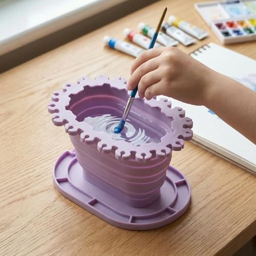 Foldable Silicone Paint Brush Cleaner Cup with Holder, Collapsible Basin for Acrylic, Watercolor & Oil Painting, Portable Artist Travel Supplies, Multi-Size Brush Drying Rack & Mixing Palette,Purple - color: Purple