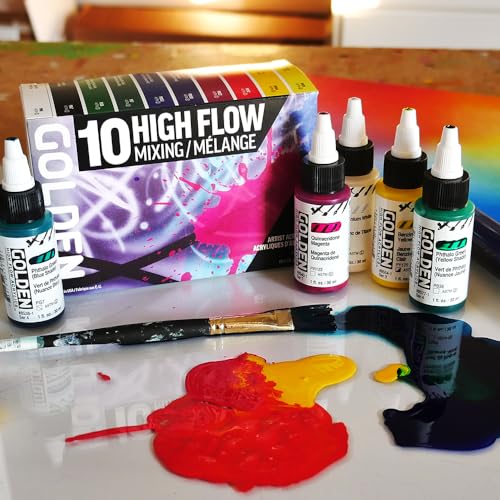 High Flow Acrylics by GOLDEN, High Flow Mixing Set, 10 Colors, Professional Acrylic Paint