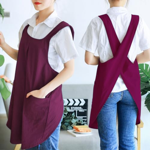 NEWGEM Japanese Cotton Linen Cross Back Cooking Apron for Women Men with Pockets Cute for Baking Kitchen - color: 09 - Women's Purplish-red