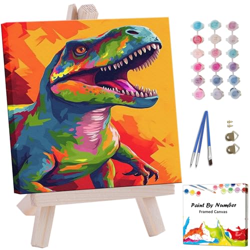 Artunion Framed Paint by Numbers Kit for Adults Beginners & Kids Ages 8-12,Colourful Dinosaur Paint by Number with Frame,Animals Paint by Numbers Kit on Canvas 10 * 10 Inch Without Easel - color: ZXT-183-F